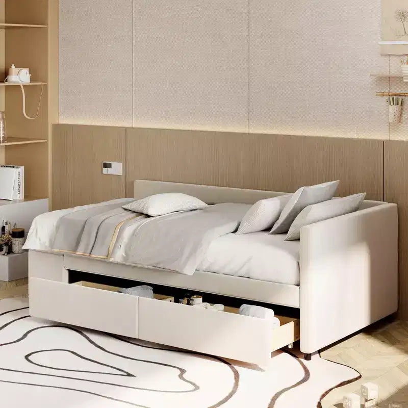 Twin Size L-Shaped Platform Bed with Wrap-Around Storage and Drawers