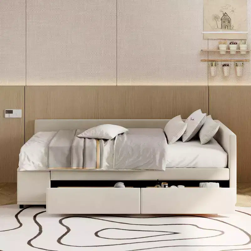 Twin Size L-Shaped Platform Bed with Wrap-Around Storage and Drawers