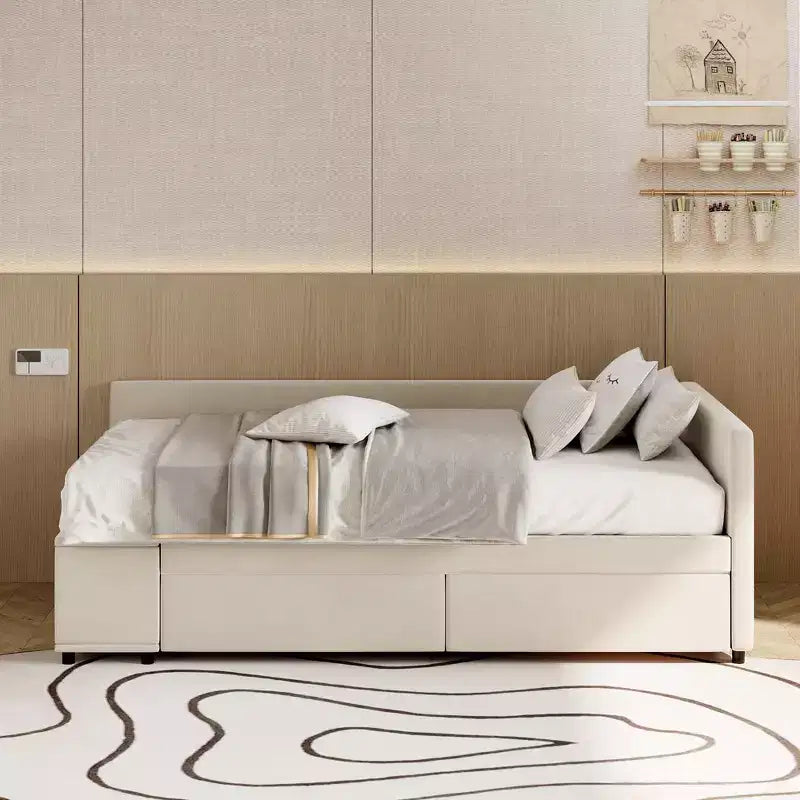 Twin Size L-Shaped Platform Bed with Wrap-Around Storage and Drawers