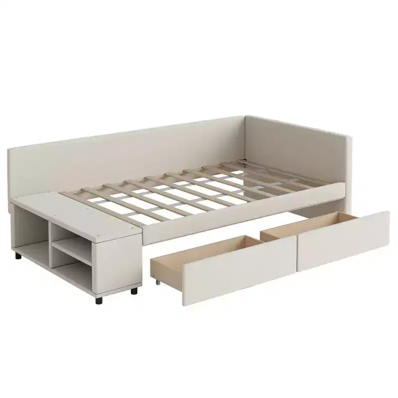 Twin Size L-Shaped Platform Bed with Wrap-Around Storage and Drawers