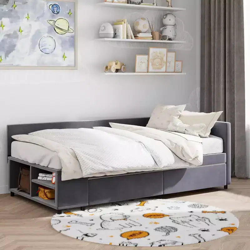 Twin Size L-Shaped Platform Bed with Wrap-Around Storage and Drawers