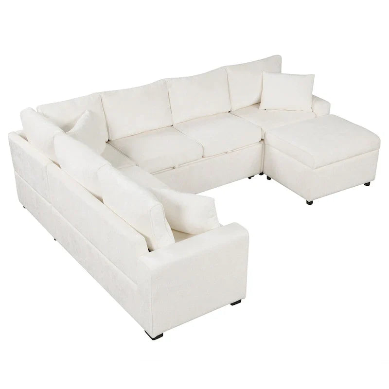 Canapé d'angle en chenille convertible, canapé-lit en forme de L avec pouf de rangement, 3 oreillers et dispositifs de charge