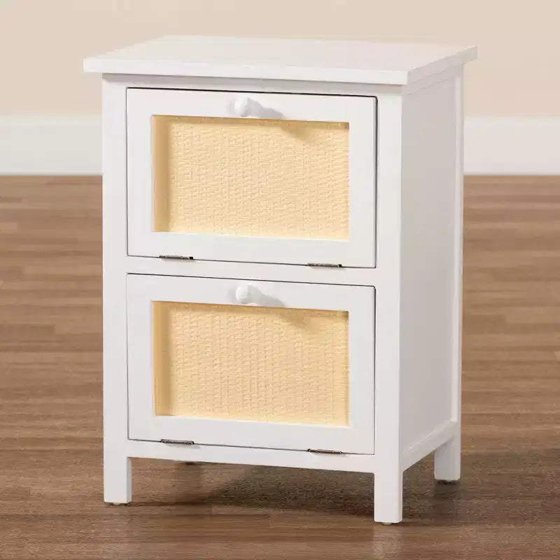 Wood Rattan 2-Door Nightstand, White