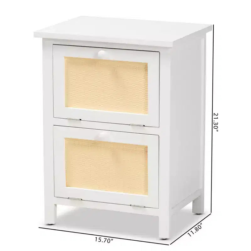 Wood Rattan 2-Door Nightstand, White