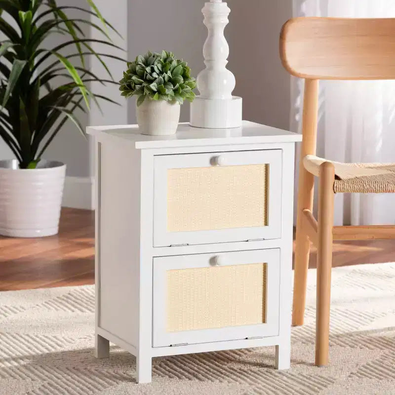 Wood Rattan 2-Door Nightstand, White