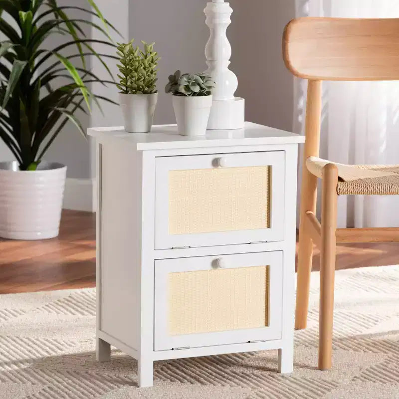 Wood Rattan 2-Door Nightstand, White