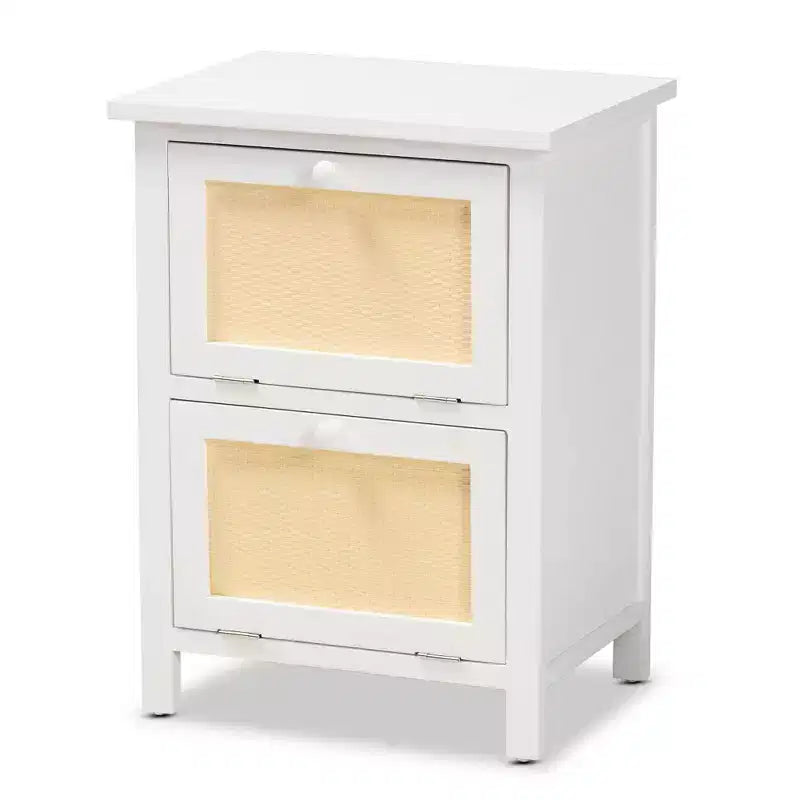 Wood Rattan 2-Door Nightstand, White