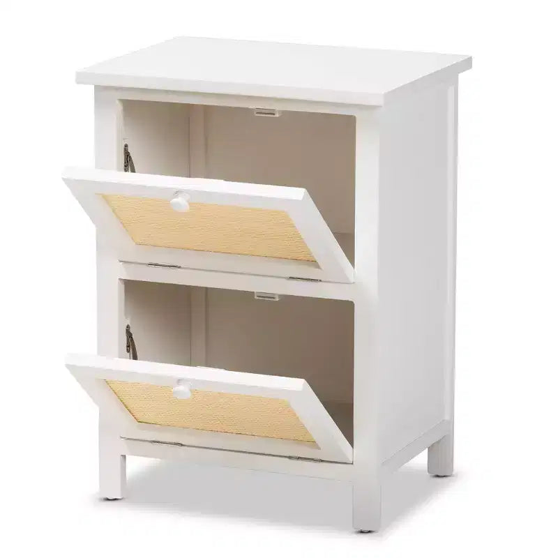 Wood Rattan 2-Door Nightstand, White