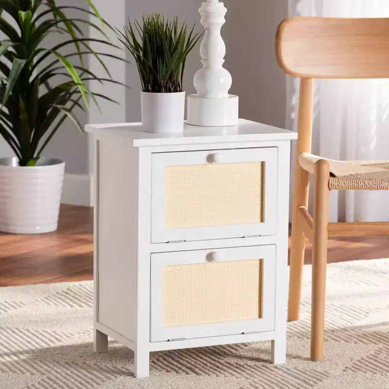 Wood Rattan 2-Door Nightstand, White