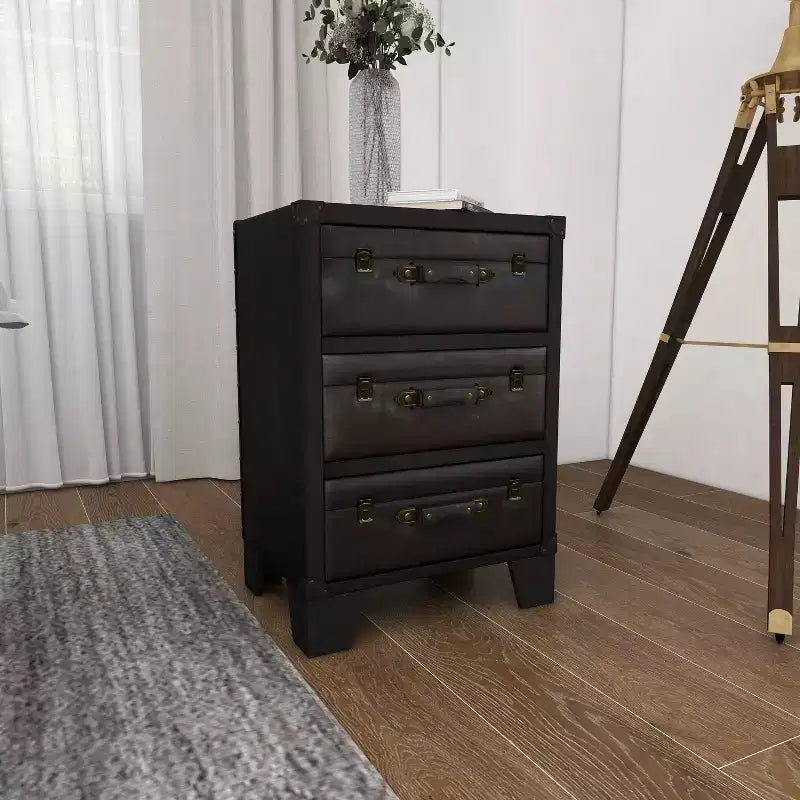 Traditional Wood and Faux Leather Cabinet Dark Brown