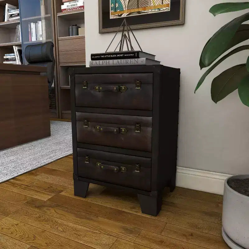 Traditional Wood and Faux Leather Cabinet Dark Brown