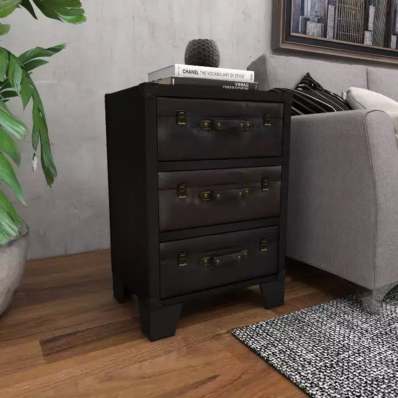 Traditional Wood and Faux Leather Cabinet Dark Brown