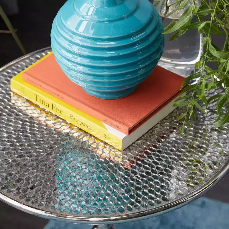 Glam Aluminum Pedestal Table Silver: Round Luxury Accent, 20" Height, Metal Tabletop, 15.6" Width