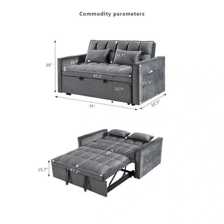 Causeuse moderne en velours avec dossier inclinable et poches, 2 places – Gris foncé / Gris clair / Bleu / Noir