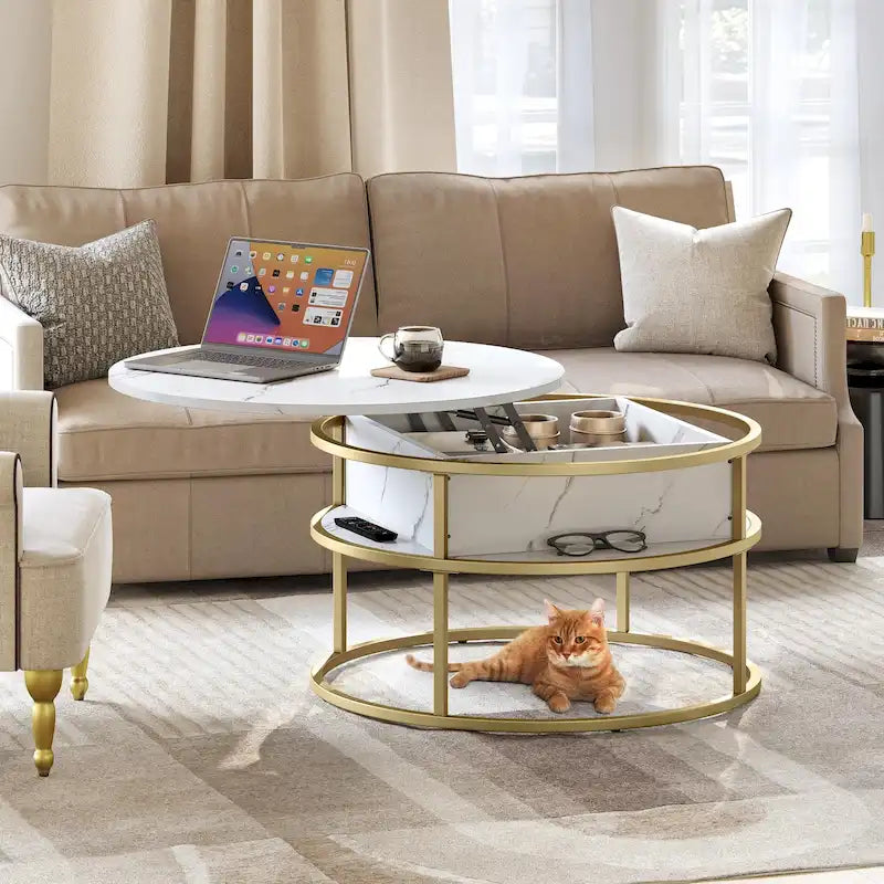 Table basse ronde relevable Moasis Farmhouse avec rangement dissimulé et étagère