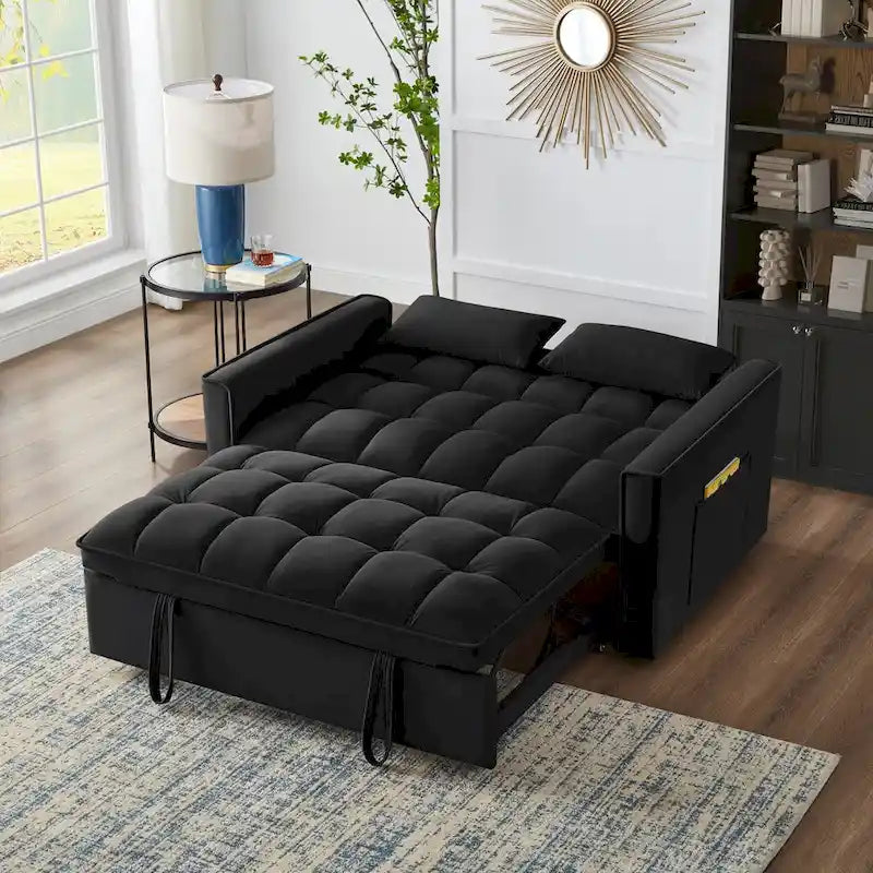 Canapé-lit convertible 4-en-1 – Causeuse en velours – Lit d'appoint avec dossier inclinable, 2 poches latérales