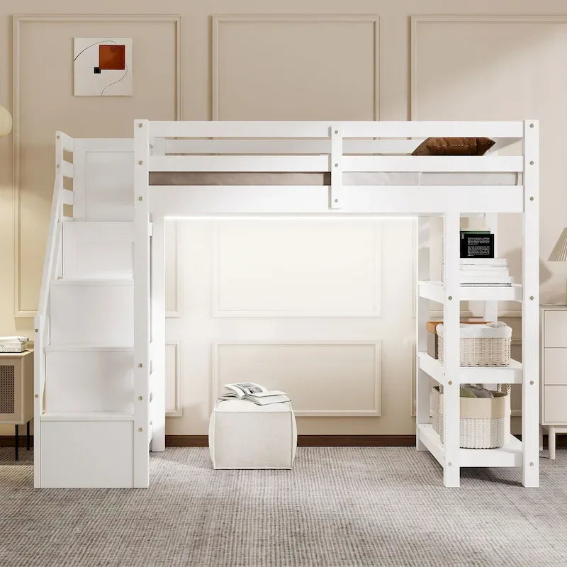Lit mezzanine simple/double avec escalier de rangement - Étagères, armoire et lumière LED, design peu encombrant