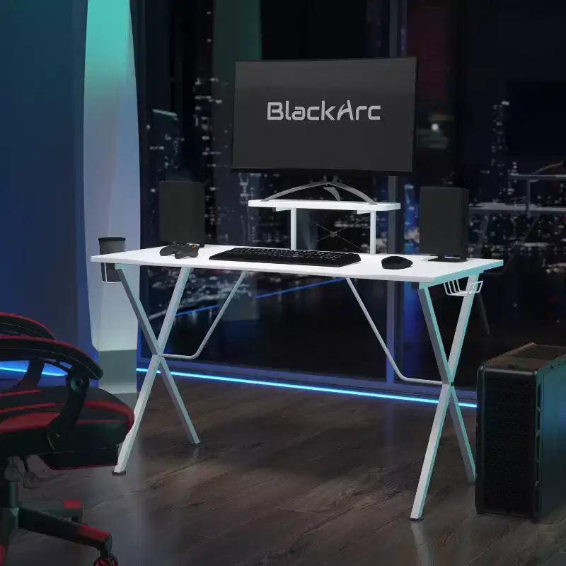 Gaming Desk with Laminate Top and Steel Frame - Detachable Cupholder, Headphone Hook & Smartphone/Monitor Stand