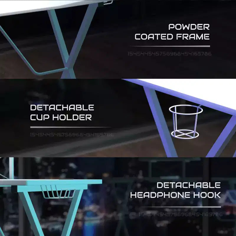 Gaming Desk with Laminate Top and Steel Frame - Detachable Cupholder, Headphone Hook & Smartphone/Monitor Stand