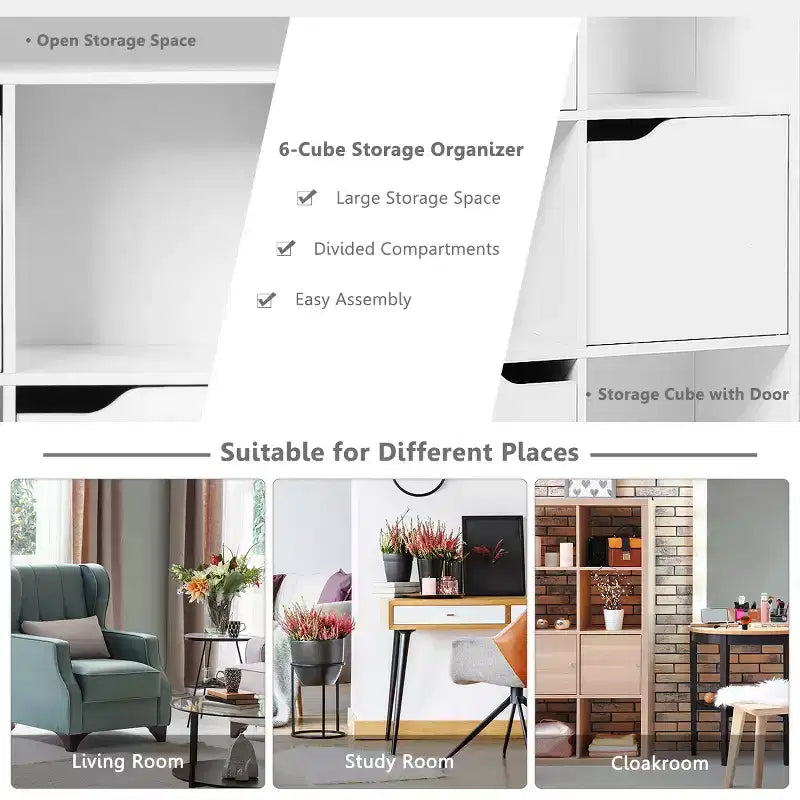 6-Cube Bookcase Cabinet with Doors, Storage Shelves Room Organizer