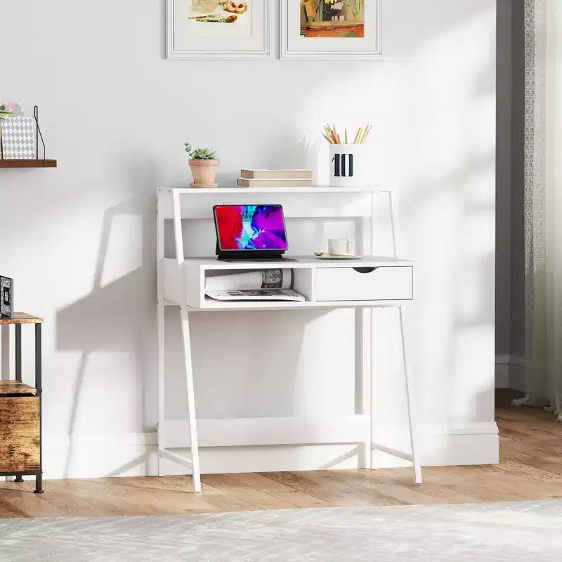 Home Office Desk, Computer Desk for Small Spaces, Writing Table with Drawer and Storage Shelves