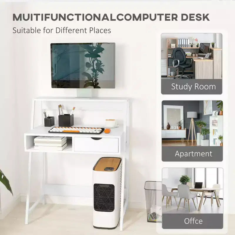 Home Office Desk, Computer Desk for Small Spaces, Writing Table with Drawer and Storage Shelves