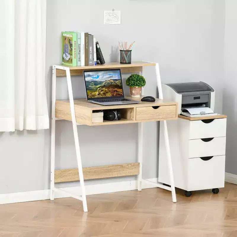 Home Office Desk, Computer Desk for Small Spaces, Writing Table with Drawer and Storage Shelves