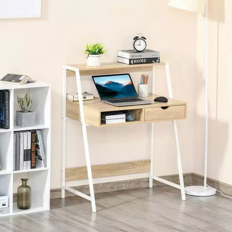 Home Office Desk, Computer Desk for Small Spaces, Writing Table with Drawer and Storage Shelves