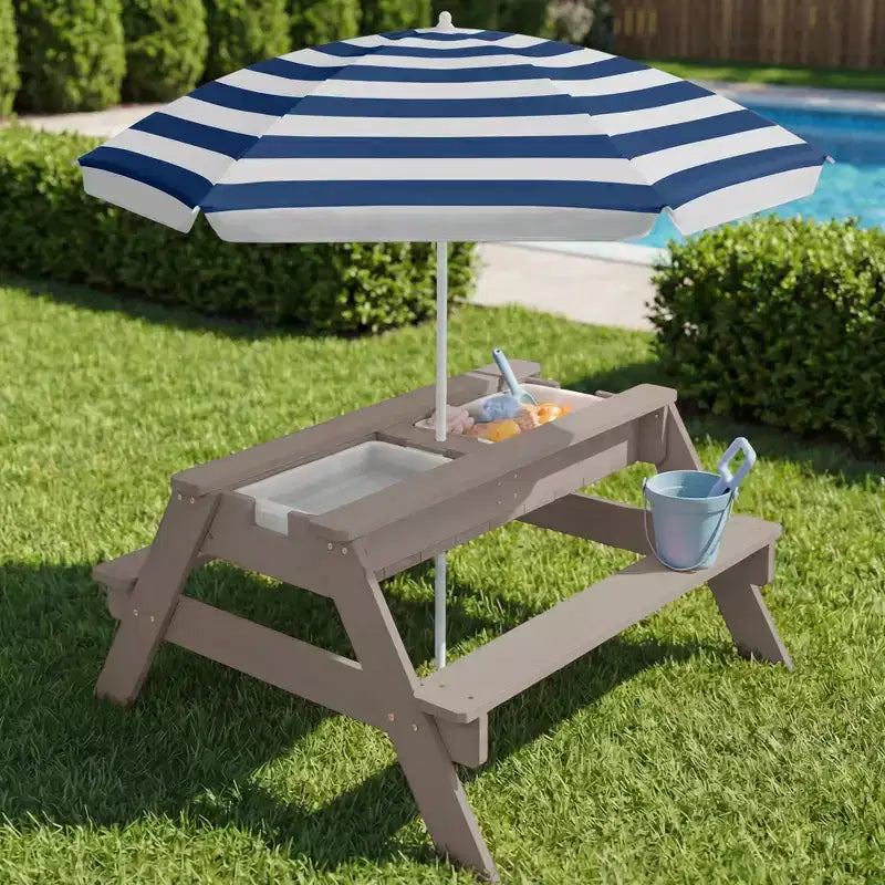 Kids Outdoor Sand and Water Activity Picnic Table with Umbrella
