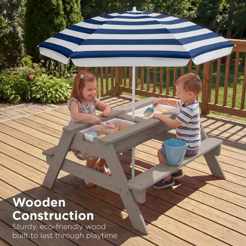 Kids Outdoor Sand and Water Activity Picnic Table with Umbrella