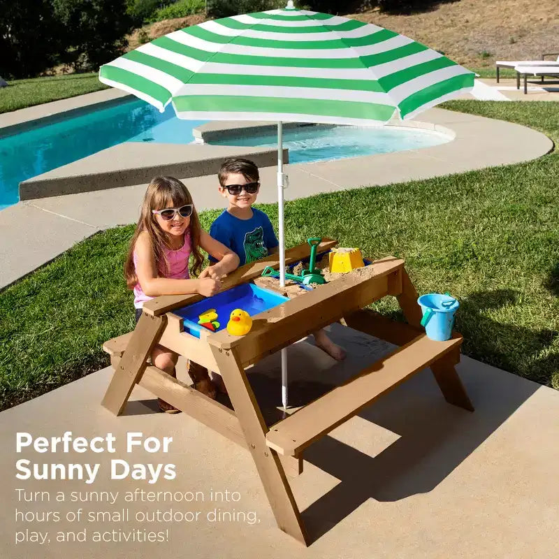 Kids Outdoor Sand and Water Activity Picnic Table with Umbrella
