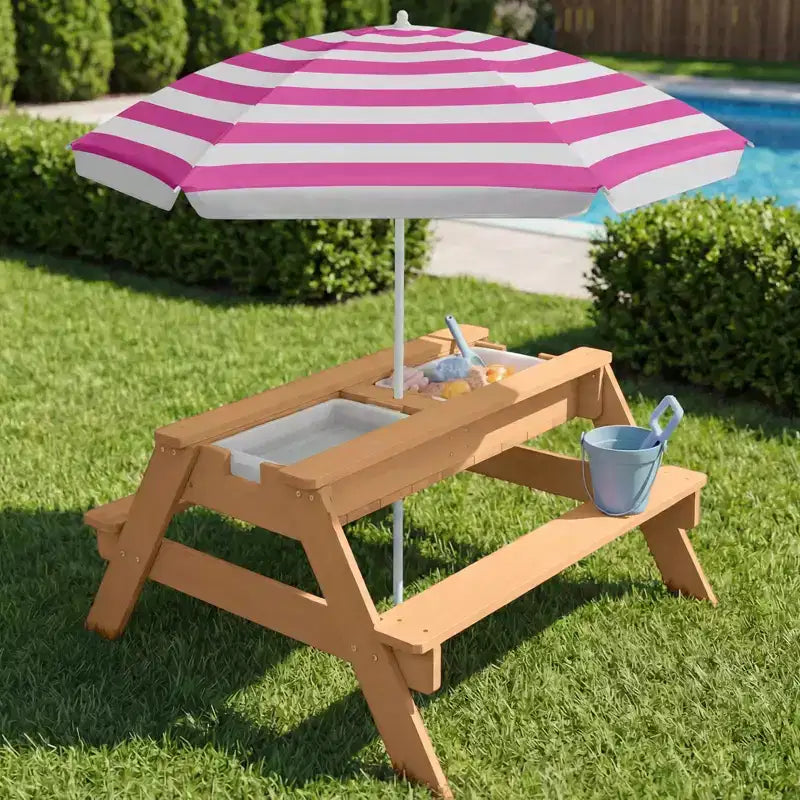 Kids Outdoor Sand and Water Activity Picnic Table with Umbrella