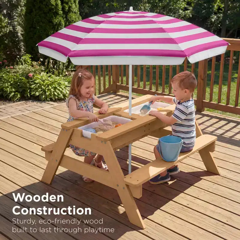 Kids Outdoor Sand and Water Activity Picnic Table with Umbrella