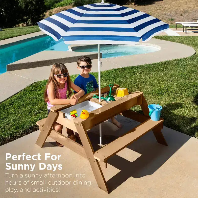 Kids Outdoor Sand and Water Activity Picnic Table with Umbrella