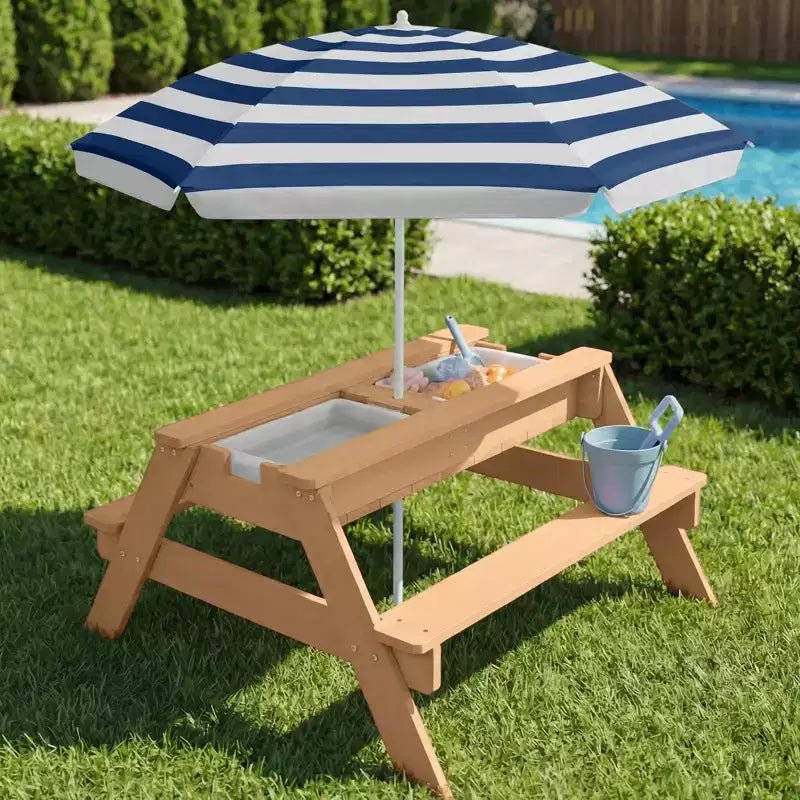 Kids Outdoor Sand and Water Activity Picnic Table with Umbrella