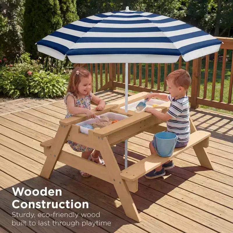 Kids Outdoor Sand and Water Activity Picnic Table with Umbrella