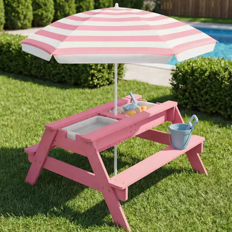 Kids Outdoor Sand and Water Activity Picnic Table with Umbrella