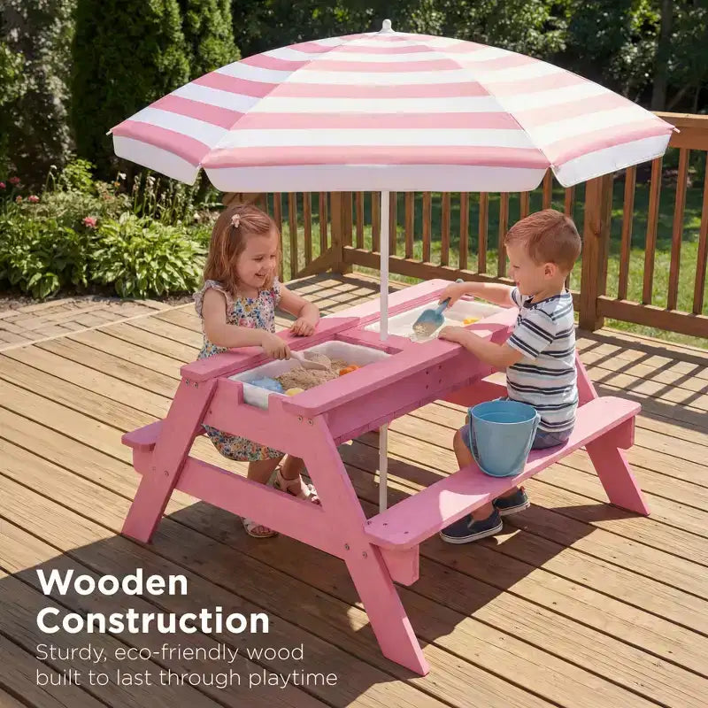 Kids Outdoor Sand and Water Activity Picnic Table with Umbrella