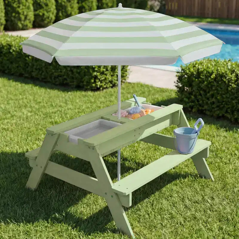 Kids Outdoor Sand and Water Activity Picnic Table with Umbrella