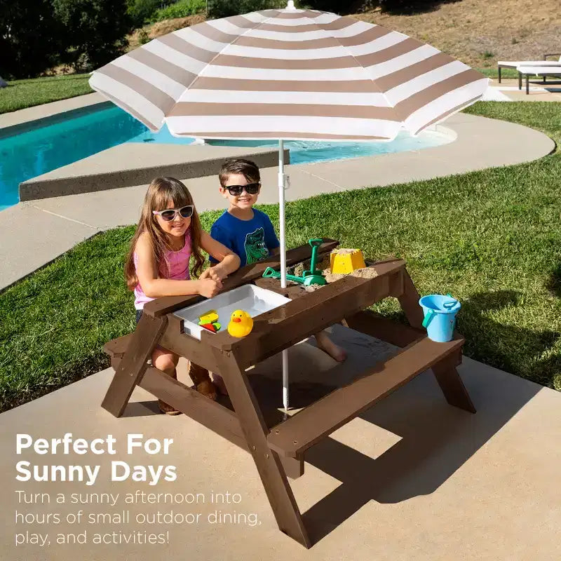 Kids Outdoor Sand and Water Activity Picnic Table with Umbrella