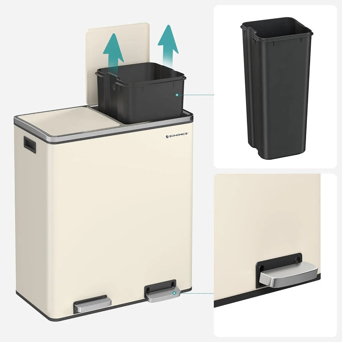 SONGMICS Poubelle double, 60L, en acier inoxydable, amande