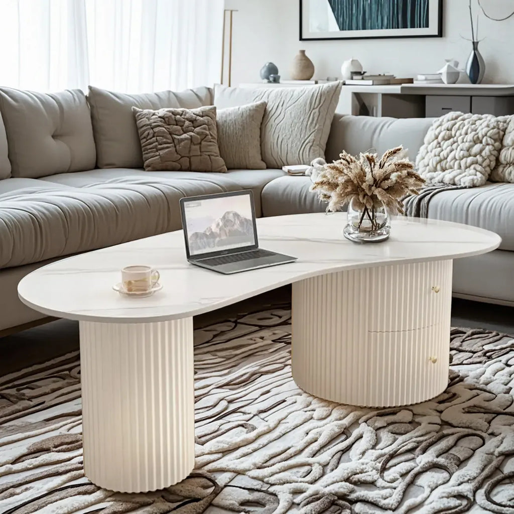 Table basse ovale standard blanche minimaliste avec 2 tiroirs