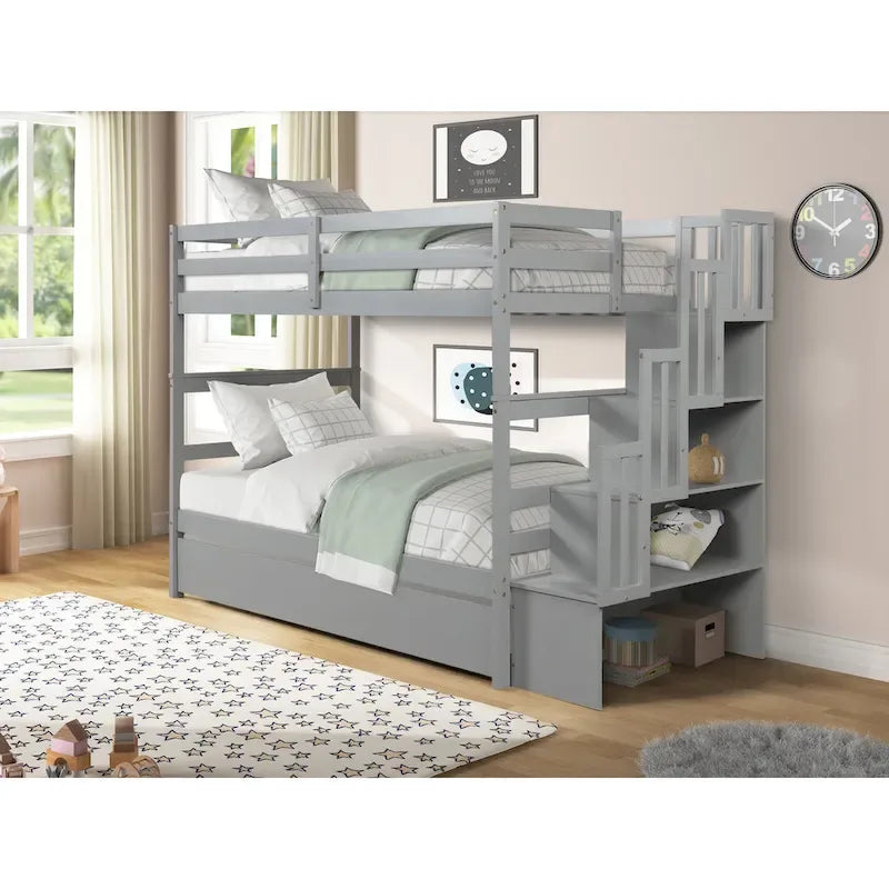 Lits superposés jumeaux avec tiroir gigogne jumeau et fonction de rangement d'escalier de couleur grise