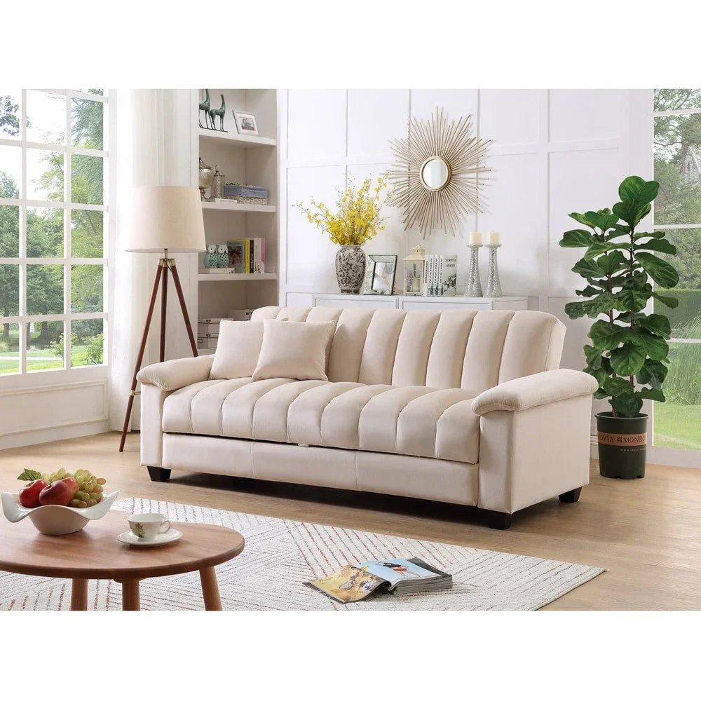 Canapé convertible de salon en tissu matelassé avec dossier cannelé