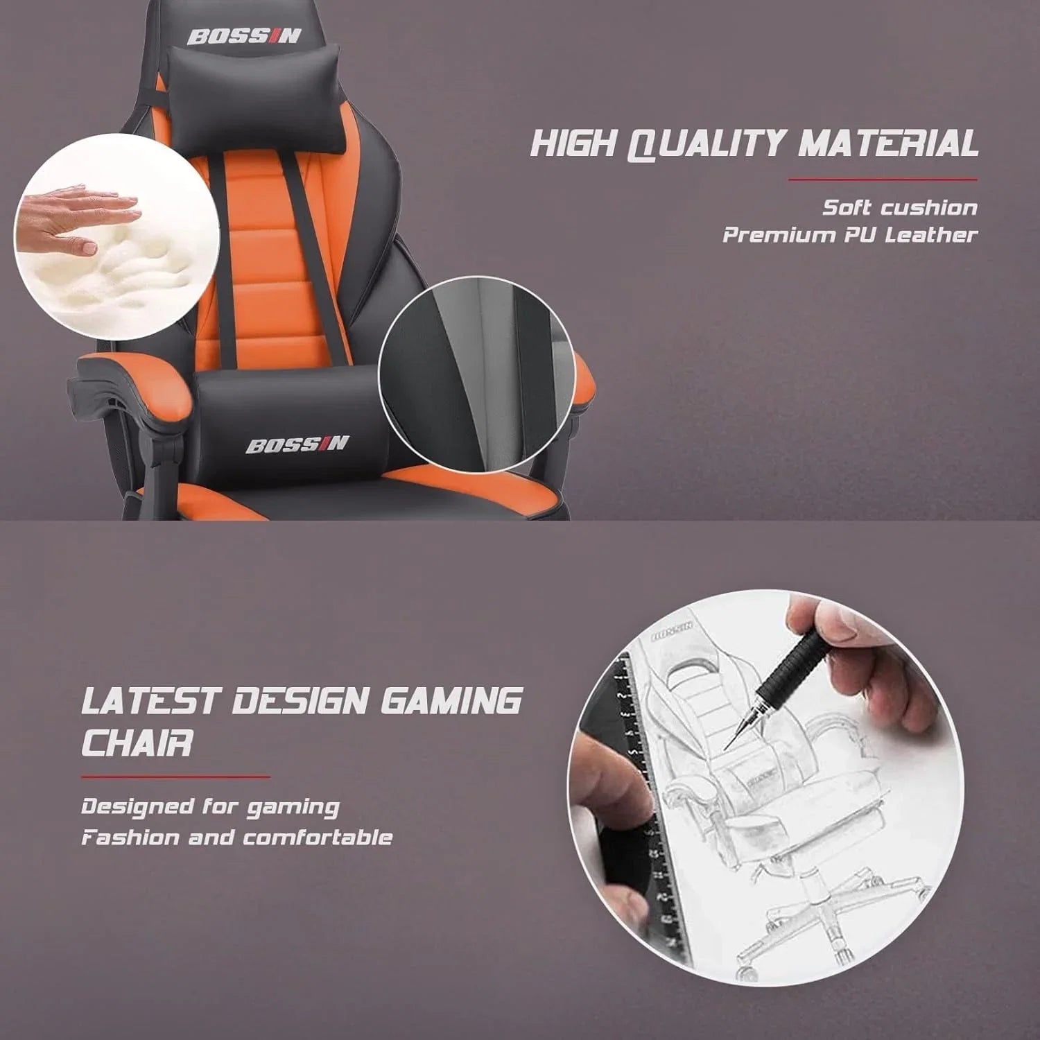 Chaise de jeu style course BOSSIN, fauteuil gamer grande taille 300 lb, chaise d'ordinateur à dossier haut