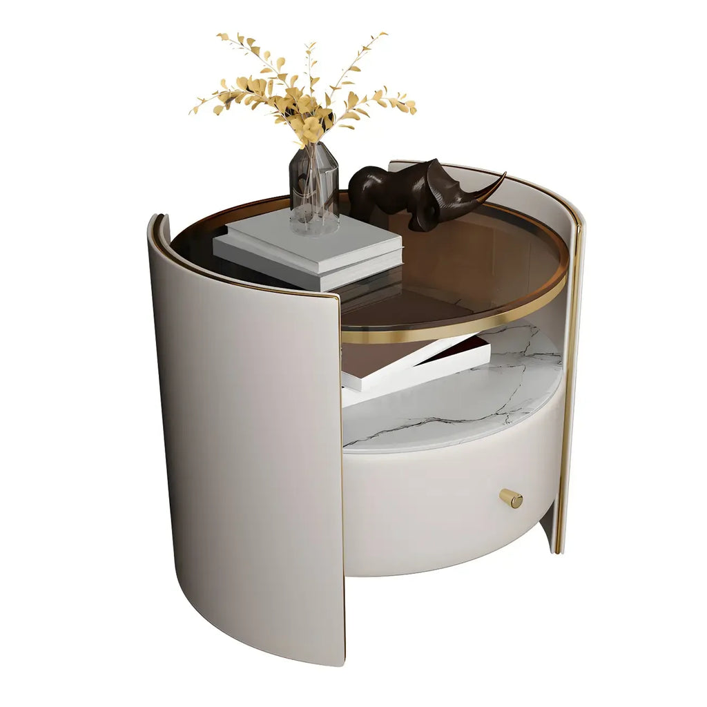 Table de chevet de luxe en verre avec tiroir de rangement et niche ouverte